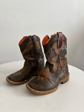 Kids Brown Camouflage Western Zip Boot with Orange Accents
